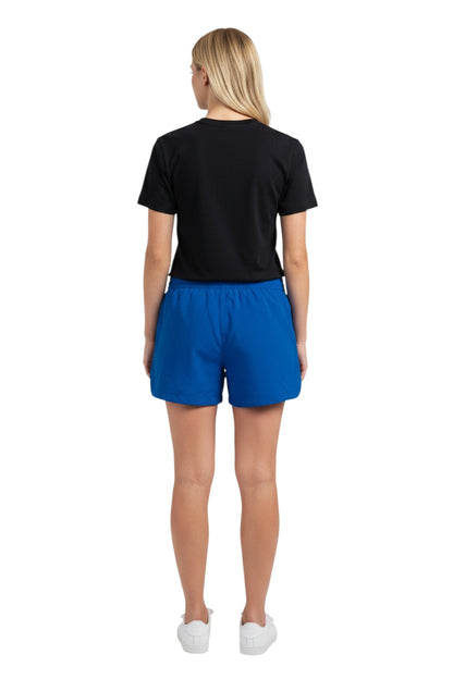 The Lifeguard Store royal blue polyester roll shorts with elastic waistband, drawstring, and "MANAGER" text.
