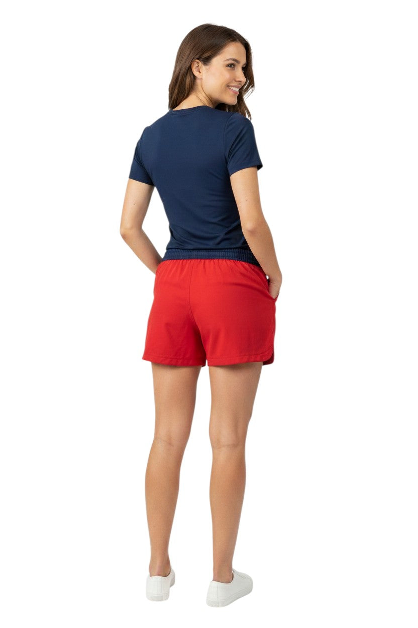 The Lifeguard Store RISE Supervisor red polyester roll shorts with elastic waistband and drawstring. UPF30+.