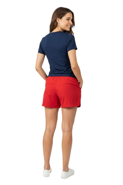 The Lifeguard Store RISE Supervisor red polyester roll shorts with elastic waistband and drawstring. UPF30+.
