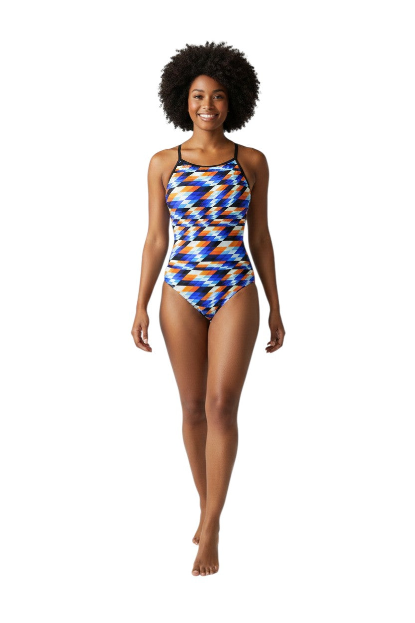 The Lifeguard Store Sandies Female Swerve swimsuit with a geometric pattern in blue, orange, white, and black. Features H-back straps.