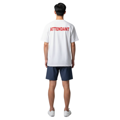The Lifeguard Store white cotton attendant t-shirt with red back lettering worn by a man with navy shorts
