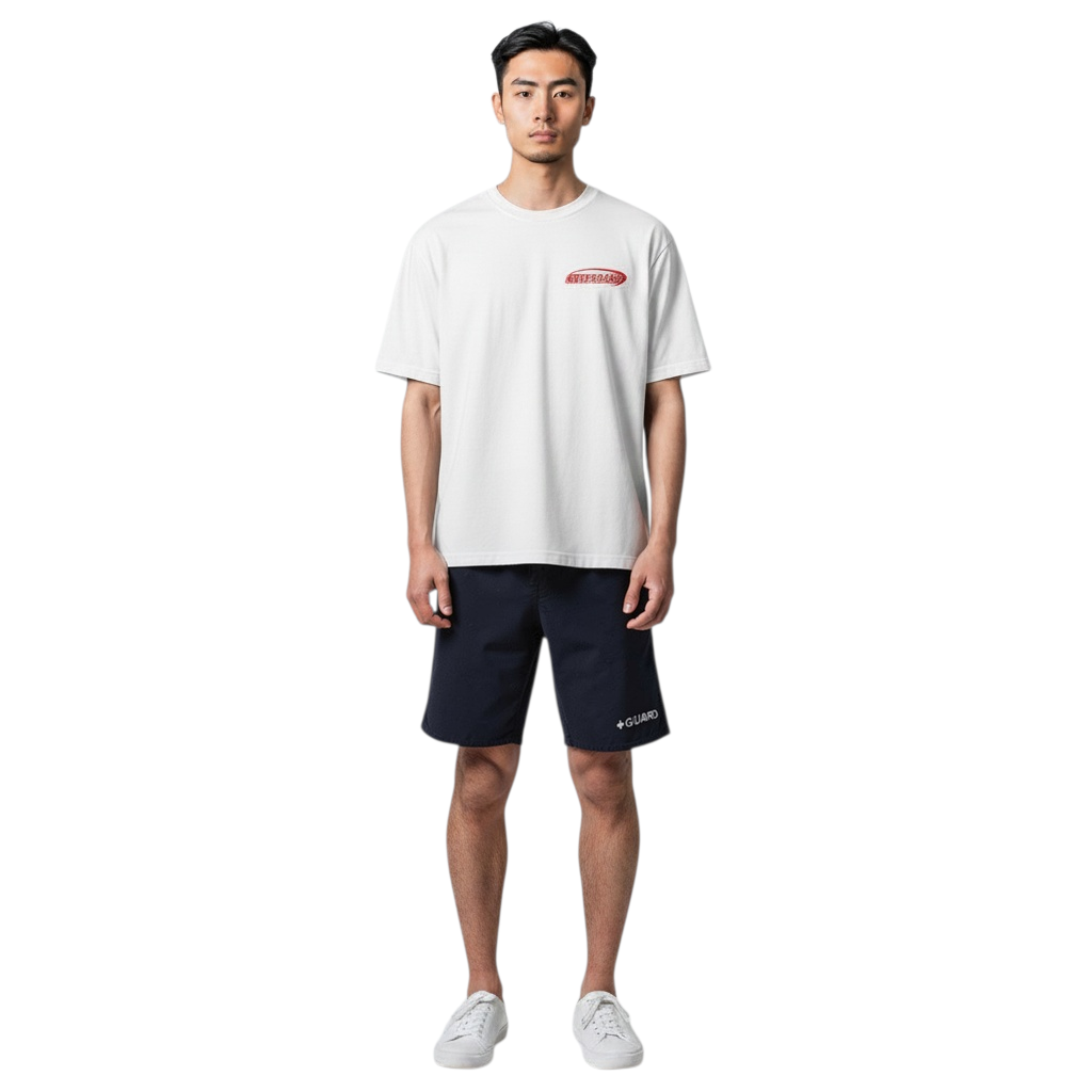 The Lifeguard Store white cotton Attendant tee worn by a model with navy shorts and white sneakers.