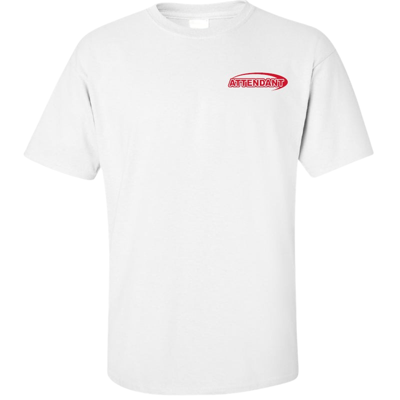 The Lifeguard Store white cotton Attendant tee with red logo on the chest for pool deck staff