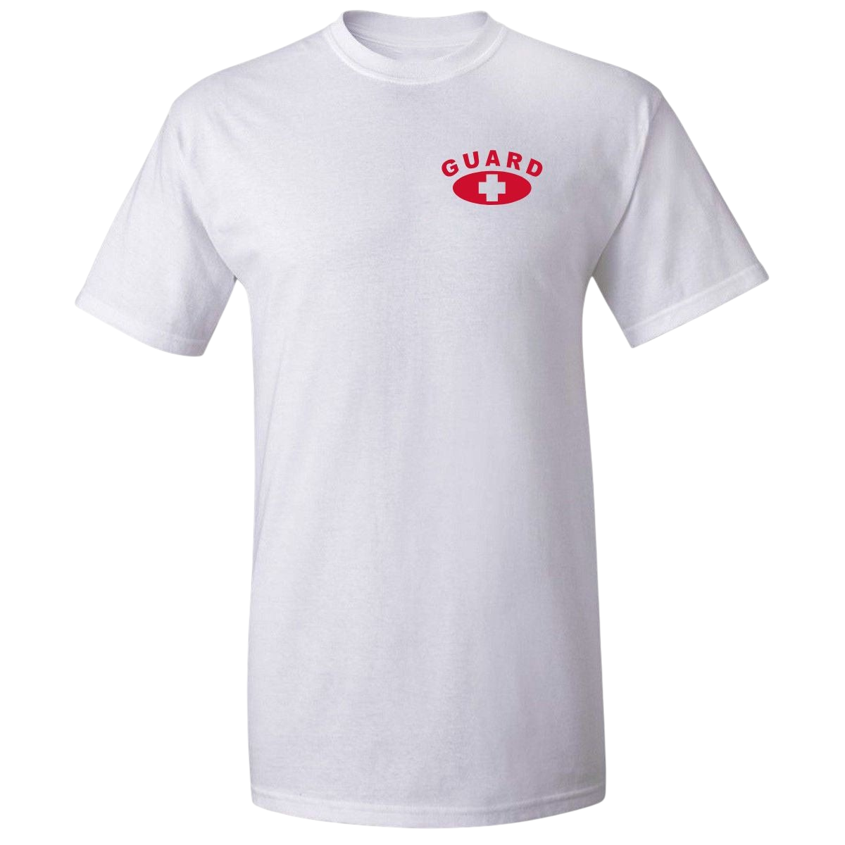 The Lifeguard Store white short sleeve Dri-Fit lifeguard t-shirt with a red GUARD logo on the chest