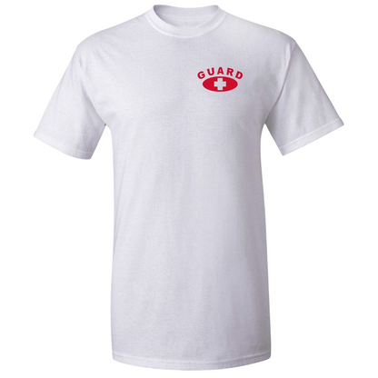 The Lifeguard Store white short sleeve Dri-Fit lifeguard t-shirt with a red GUARD logo on the chest