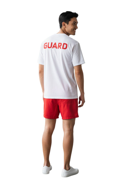 The Lifeguard Store white polyester Dri-Fit tee with red GUARD logo on back.