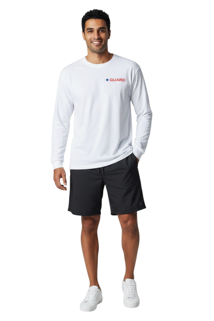 The Lifeguard Store white long sleeve Dri-Fit tee with blue and red GUARD logo on chest. 100% polyester.