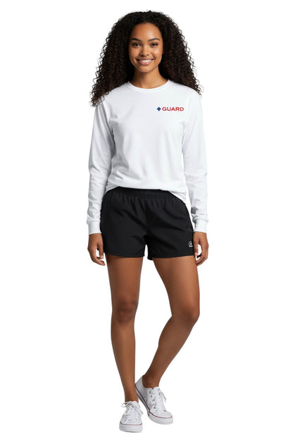 The Lifeguard Store white long sleeve Dri-Fit tee with blue and red GUARD logo on chest. 100% polyester.