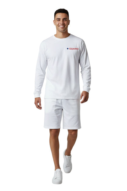 The Lifeguard Store white 100% cotton long sleeve tee with red and blue GUARD logo on chest.