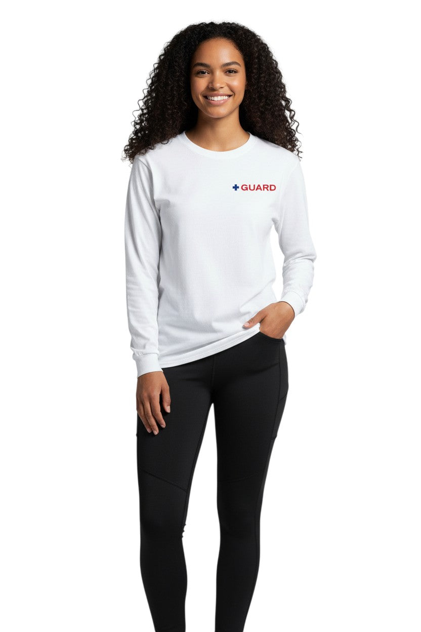 The Lifeguard Store white long sleeve Dri-Fit tee with blue and red GUARD logo on chest. 100% polyester.