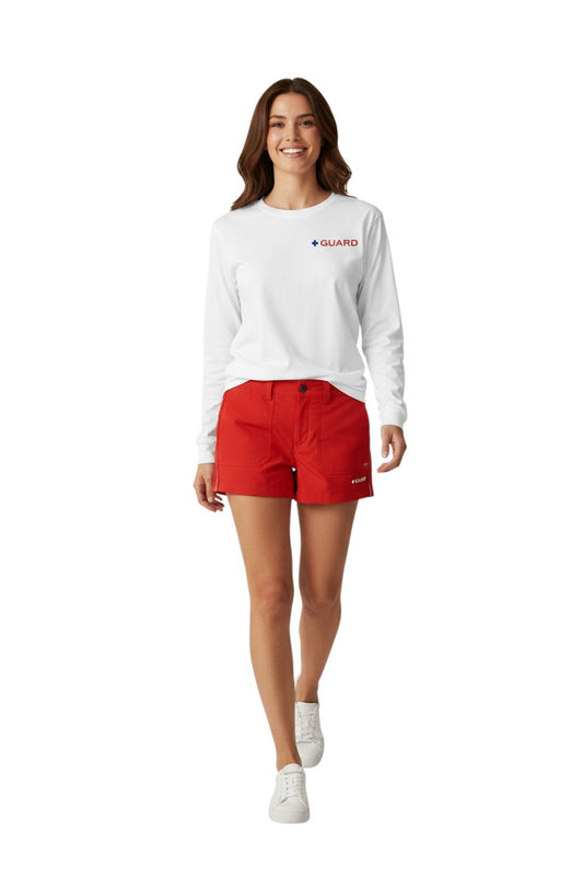 The Lifeguard Store white 100% cotton long sleeve tee with red and blue "GUARD" logo on the left chest.