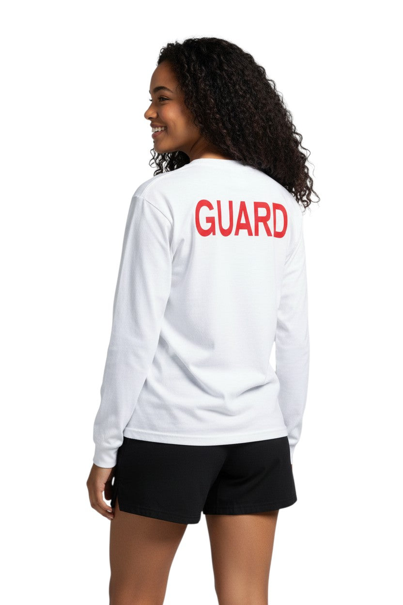 The Lifeguard Store white long sleeve Dri-Fit tee with red GUARD logo on back. 100% polyester.
