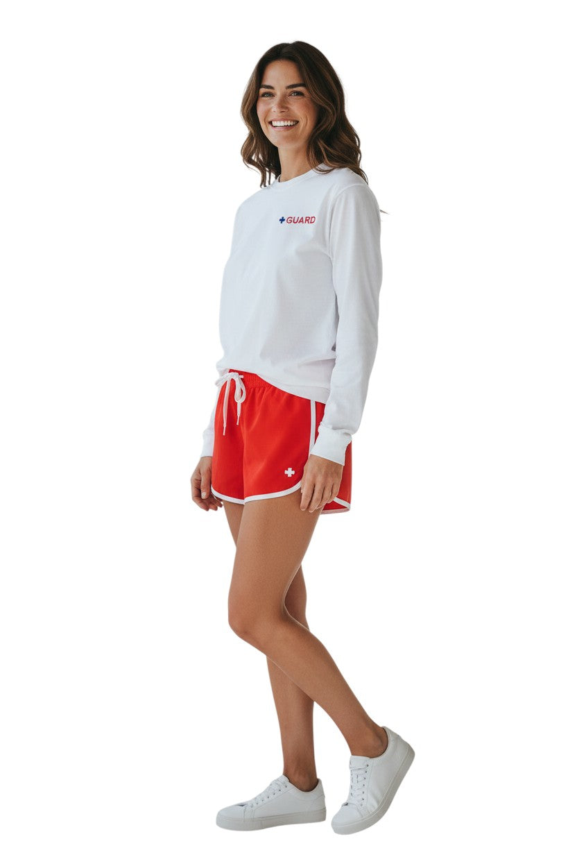 The Lifeguard Store white 100% cotton long sleeve tee with blue and red GUARD logo on chest.