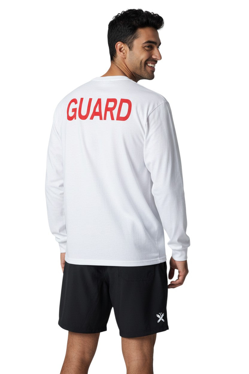The Lifeguard Store white 100% polyester long sleeve tee with red GUARD logo on back. Dri-FIT technology.