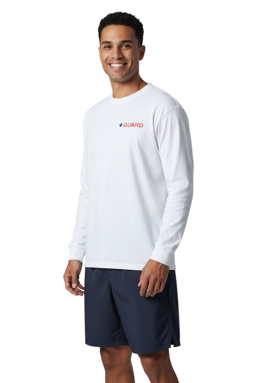 The Lifeguard Store white 100% polyester long sleeve tee with blue and red GUARD logo on chest. Dri-FIT technology.
