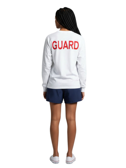 The Lifeguard Store white long sleeve cotton jersey t-shirt with red GUARD text on the back, worn by a model.