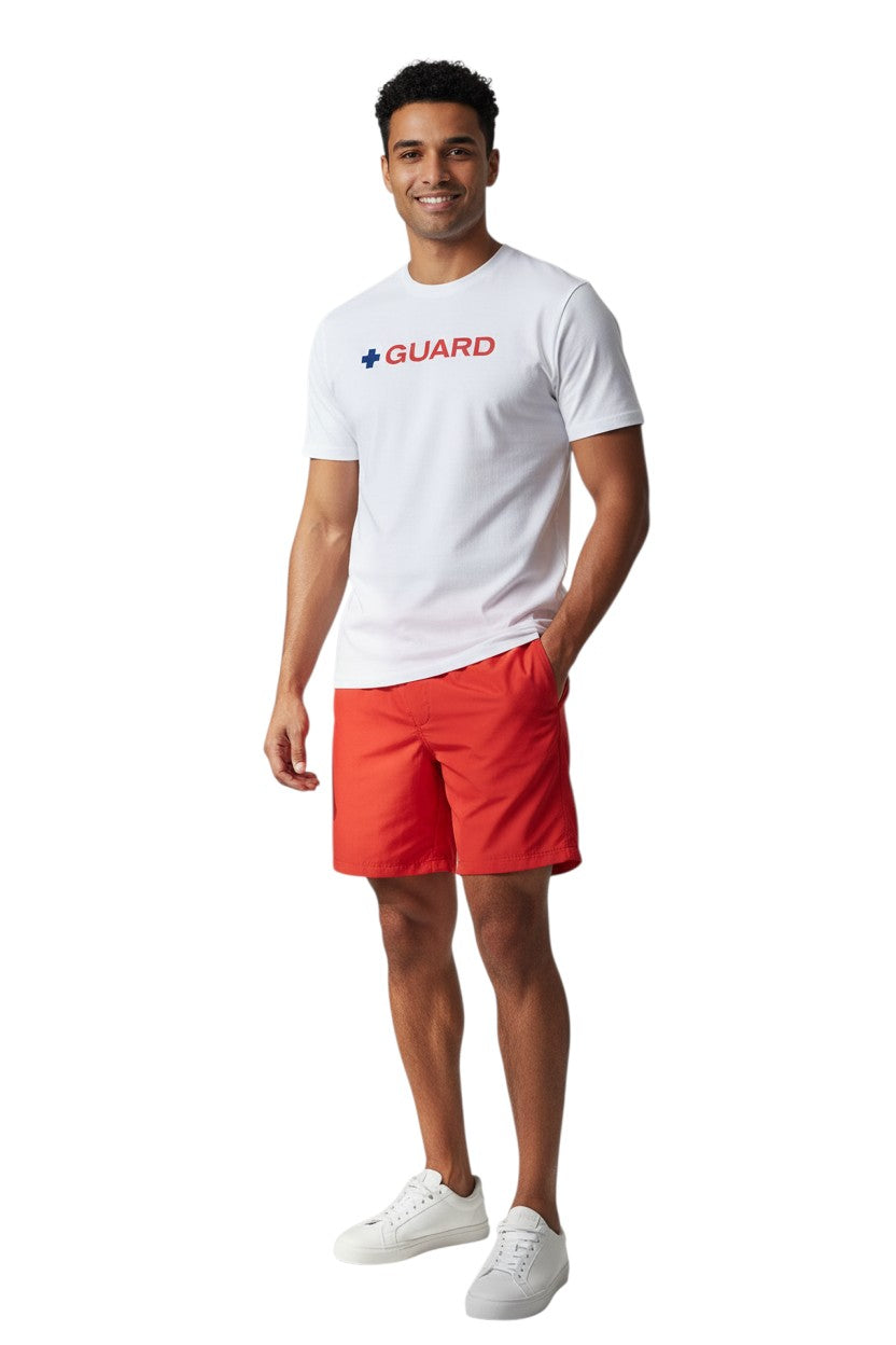 The Lifeguard Store white short sleeve crewneck rashguard with blue and red GUARD text graphic.