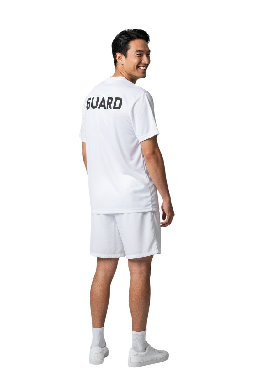 The Lifeguard Store white short sleeve rashguard with "GUARD" printed on the back. Made of polyester and spandex for comfort and UV protection.