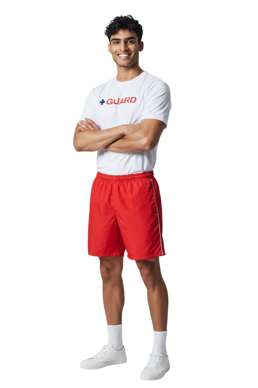 The Lifeguard Store white short sleeve crewneck rashguard with blue and red GUARD graphic. Polyester-spandex blend.
