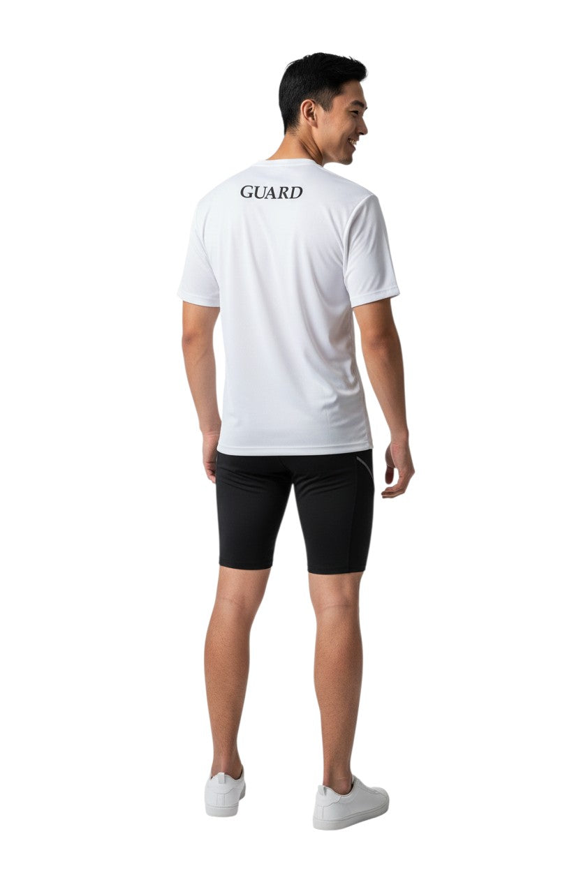 The Lifeguard Store white short sleeve crew neck rashguard with "GUARD" printed on the back. Made of polyester and spandex.