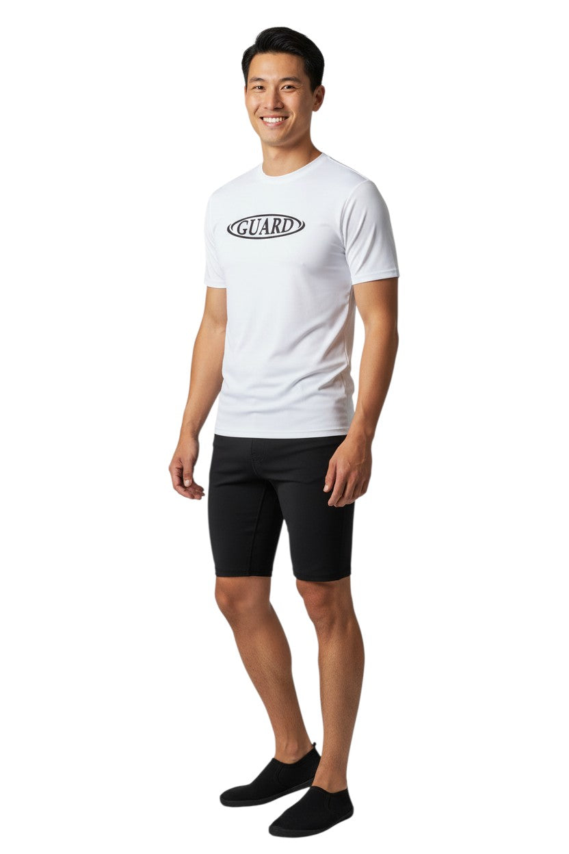 The Lifeguard Store white short sleeve crew neck rashguard with black "GUARD" oval logo. 91% polyester, 9% spandex.
