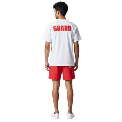 The Lifeguard Store white short sleeve t-shirt with red GUARD text on the back worn by a male lifeguard