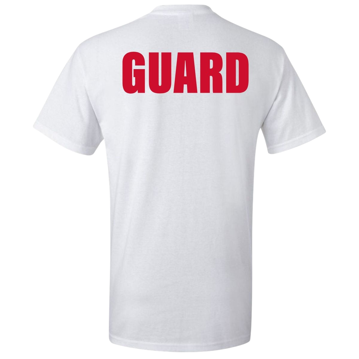 The Lifeguard Store white short sleeve Dri-Fit t-shirt with large red GUARD text printed on the back