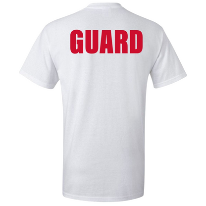 The Lifeguard Store white short sleeve Dri-Fit t-shirt with large red GUARD text printed on the back
