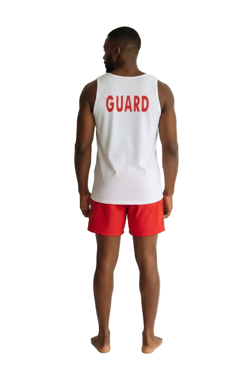 The Lifeguard Store white cotton tank top with red GUARD logo on back worn by a male lifeguard with red shorts