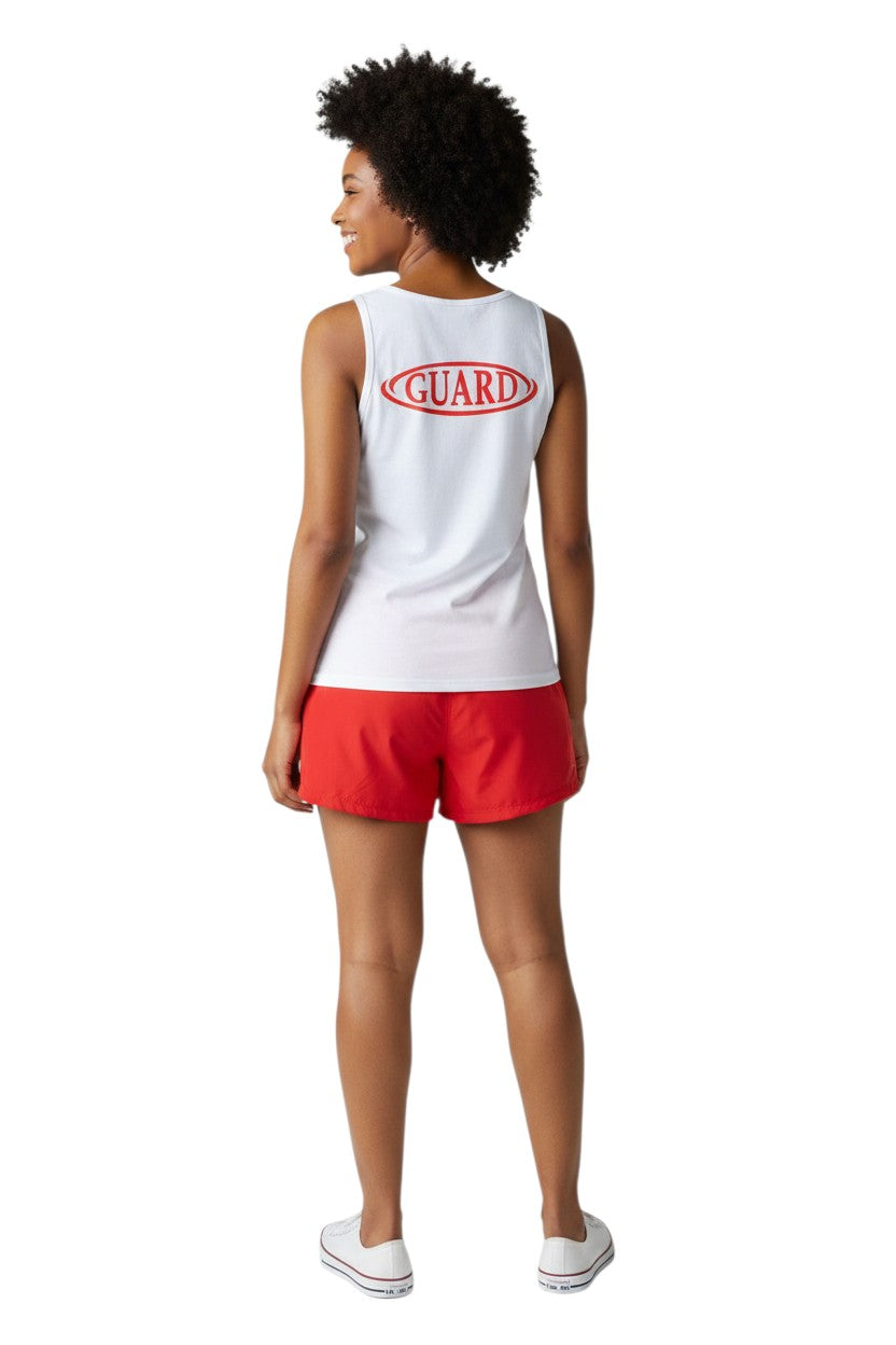 The Lifeguard Store white 100% cotton jersey RISE Guard tank top with red oval logo on back.