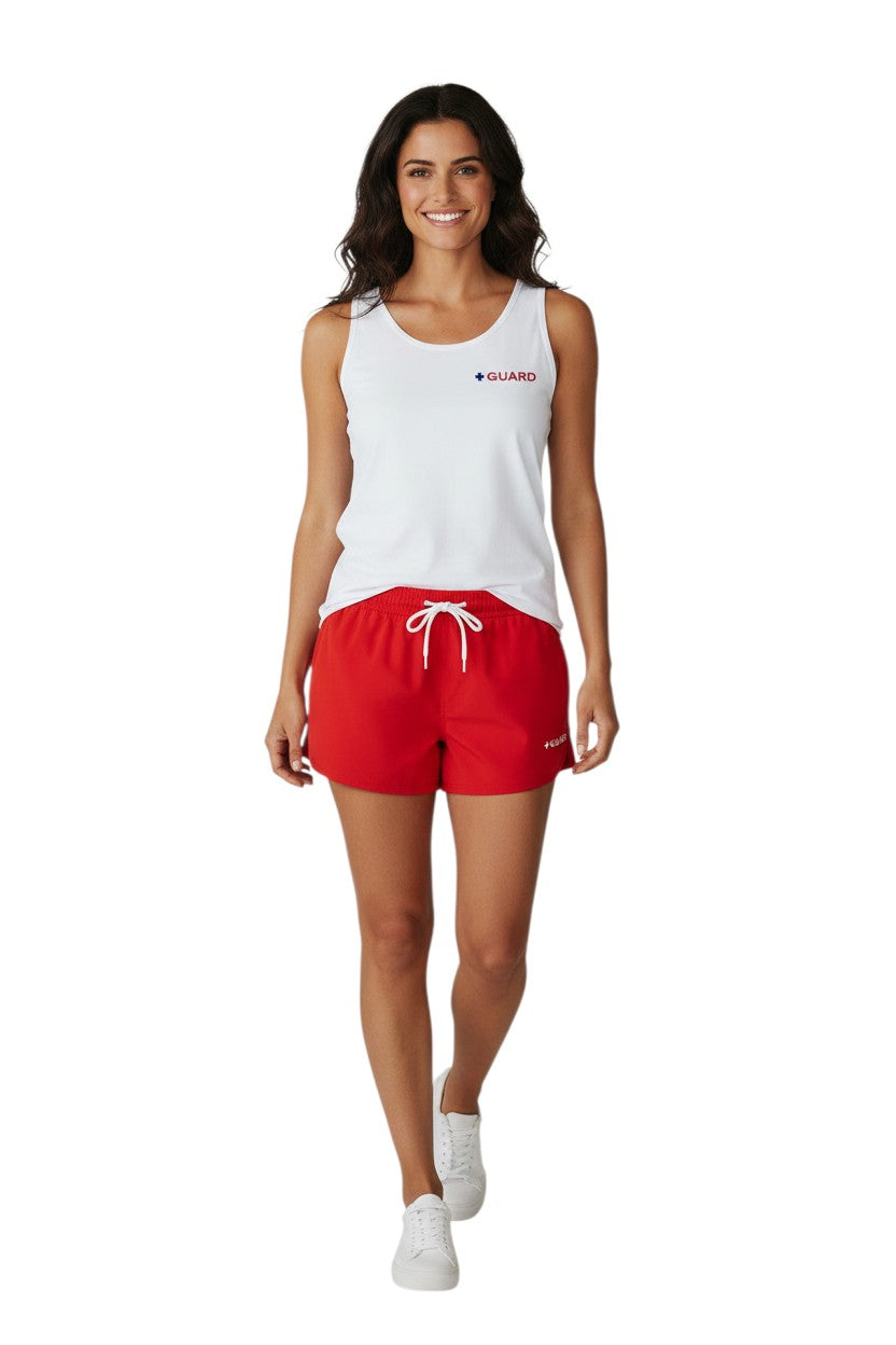 The Lifeguard Store white 100% cotton preshrunk tank top with blue and red GUARD logo on chest.