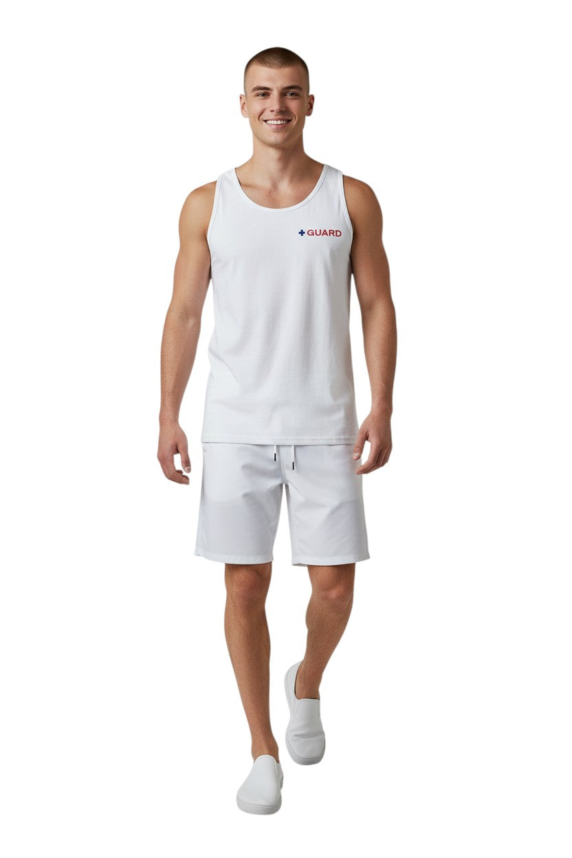 The Lifeguard Store white 100% cotton jersey tank top with blue and red GUARD logo on chest. Ideal for hot weather.