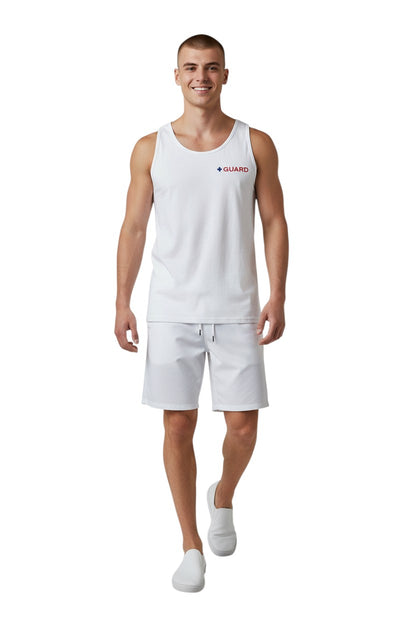 The Lifeguard Store white 100% cotton jersey tank top with blue and red GUARD logo on chest. Ideal for hot weather.