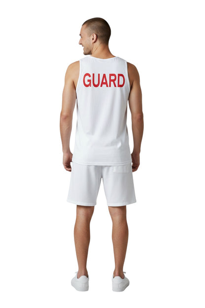 The Lifeguard Store white 100% cotton preshrunk tank top with red GUARD logo on back. Ideal for hot weather.