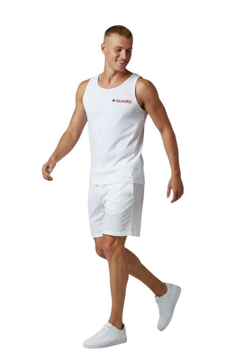 The Lifeguard Store white 100% cotton preshrunk tank top with blue and red GUARD logo on chest.