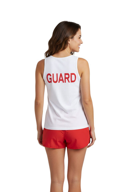 The Lifeguard Store white 100% cotton jersey tank top with red "GUARD" logo on back. Ideal for hot weather.