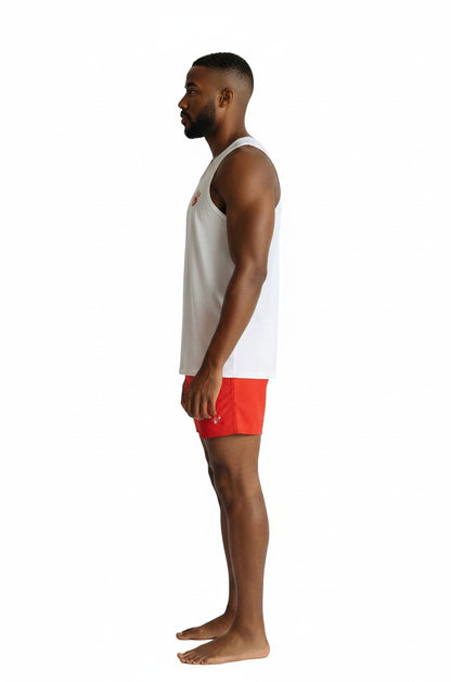 The Lifeguard Store white cotton tank top with Guard logo worn by a male model in profile view