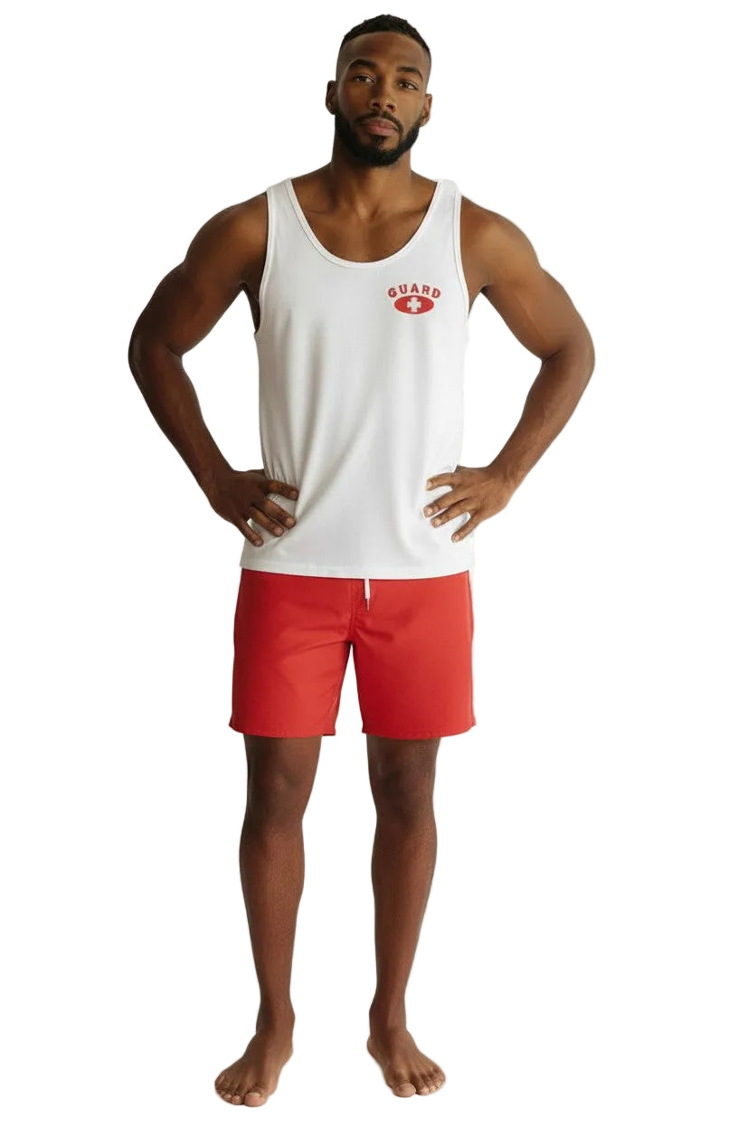 The Lifeguard Store white cotton tank top with red Guard logo worn by a male model with red swim trunks