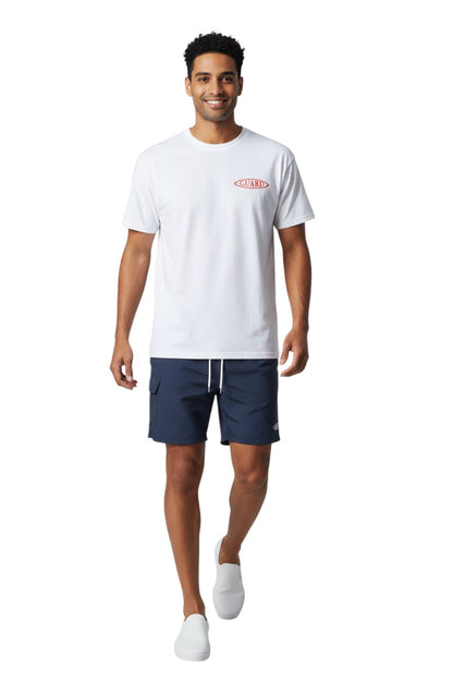 The Lifeguard Store white 100% cotton short sleeve RISE Guard Tee with red logo on front and back.