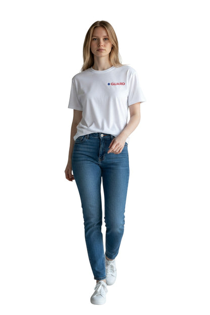 The Lifeguard Store white 100% polyester short sleeve tee with blue and red GUARD logo on chest. Dri-FIT technology.
