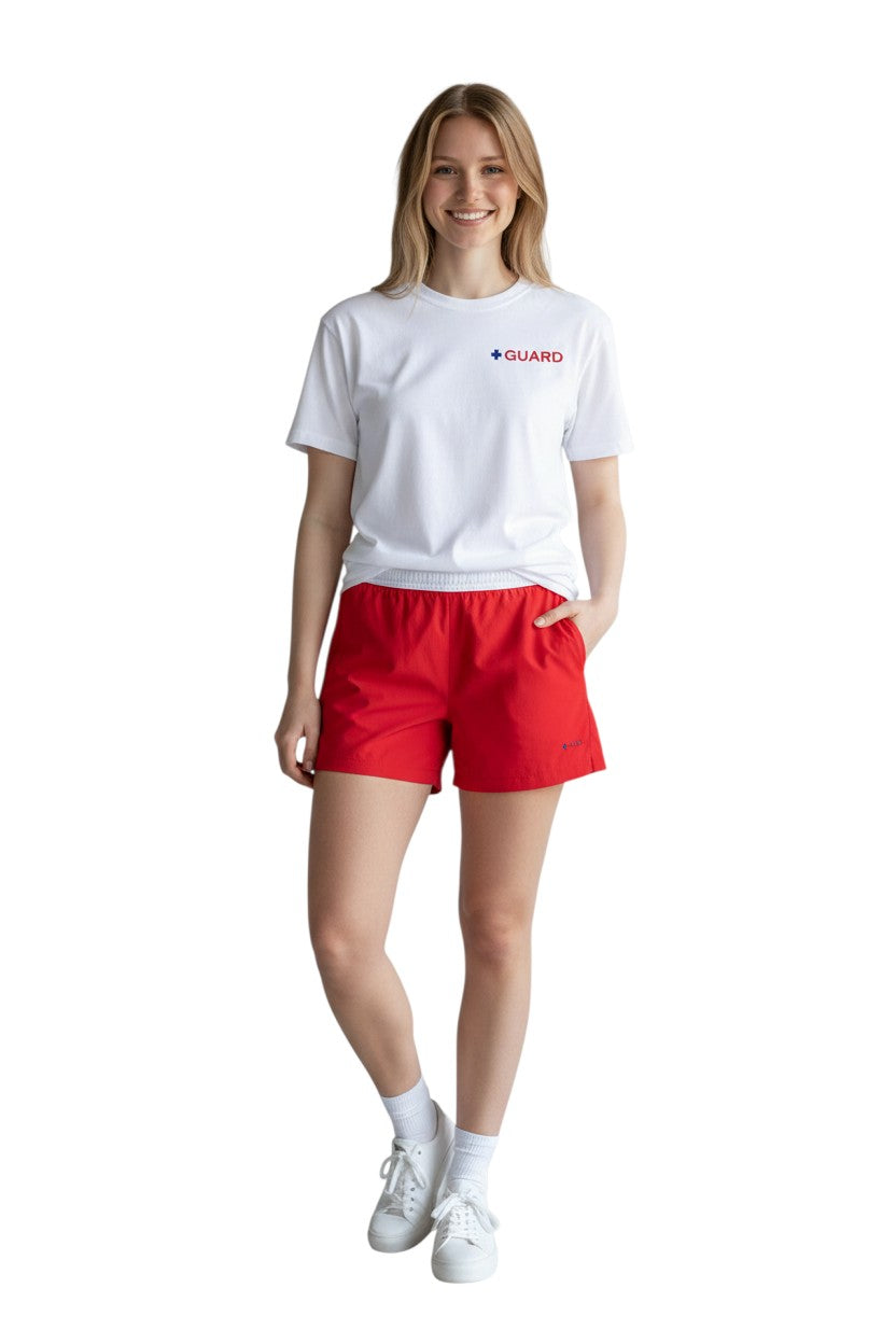 The Lifeguard Store white 100% polyester short sleeve tee with blue and red GUARD logo on chest. Dri-FIT technology.