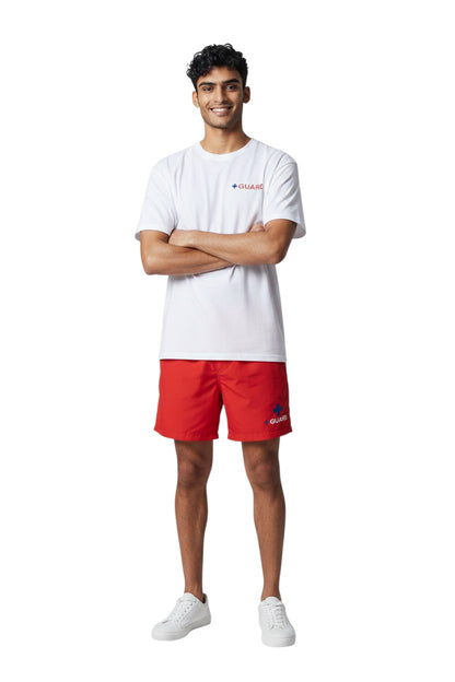 The Lifeguard Store white 100% polyester short sleeve tee with blue and red GUARD logo on chest. Dri-FIT technology.