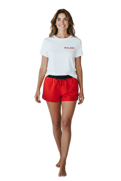 The Lifeguard Store white 100% cotton short sleeve tee with blue and red GUARD logo on chest.
