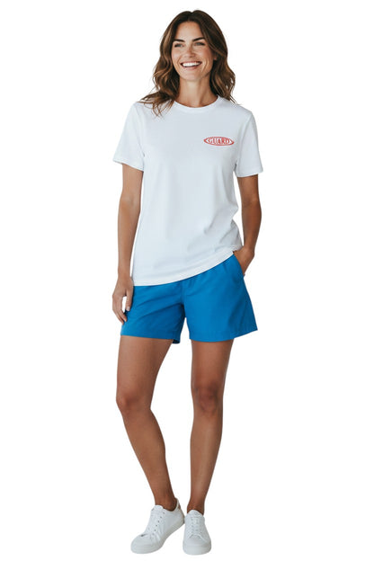 The Lifeguard Store white 100% cotton short sleeve RISE Guard Tee with red logo on front and back.