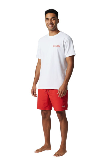 The Lifeguard Store white 100% cotton short sleeve RISE Guard Tee with red logo on front and back.