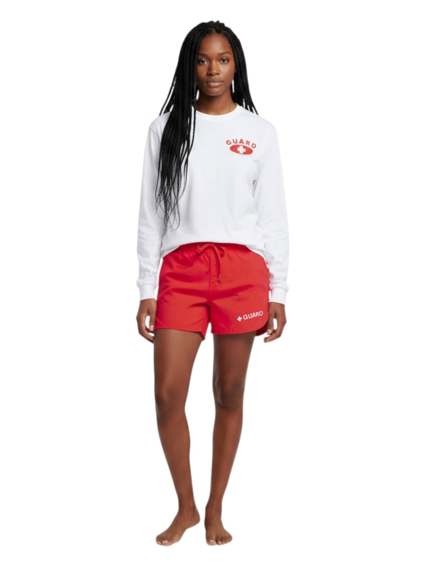 The Lifeguard Store white long sleeve Dri-Fit guard shirt with red logo worn by a model with red swim shorts