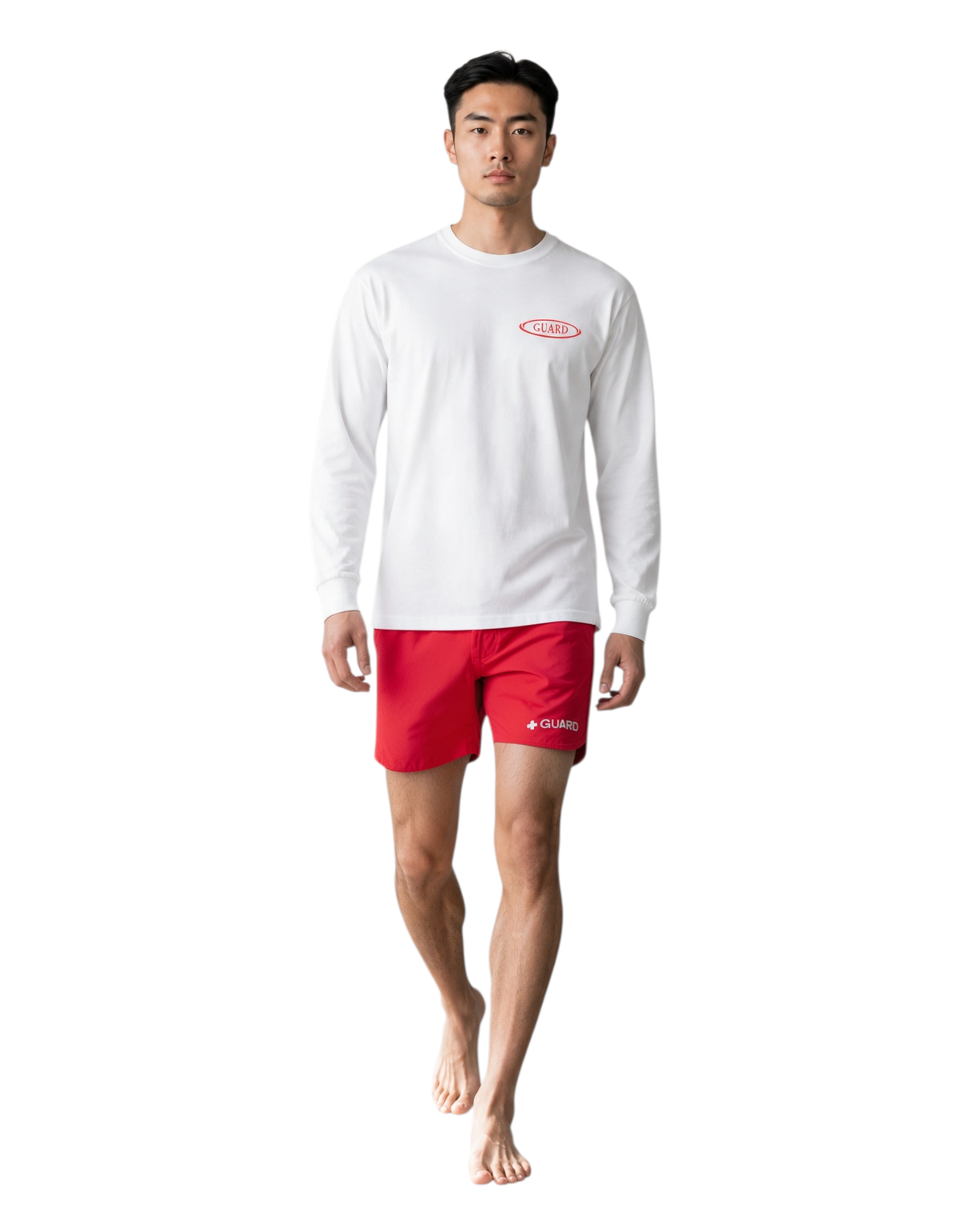 The Lifeguard Store white long sleeve Dri-Fit guard tee with red logo worn by a male model with red swim trunks