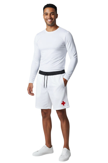 The Lifeguard Store Kiefer Solid Long Sleeve Crewneck Rashguard in white, made of 91% polyester and 9% spandex with UPF50+ UV protection.