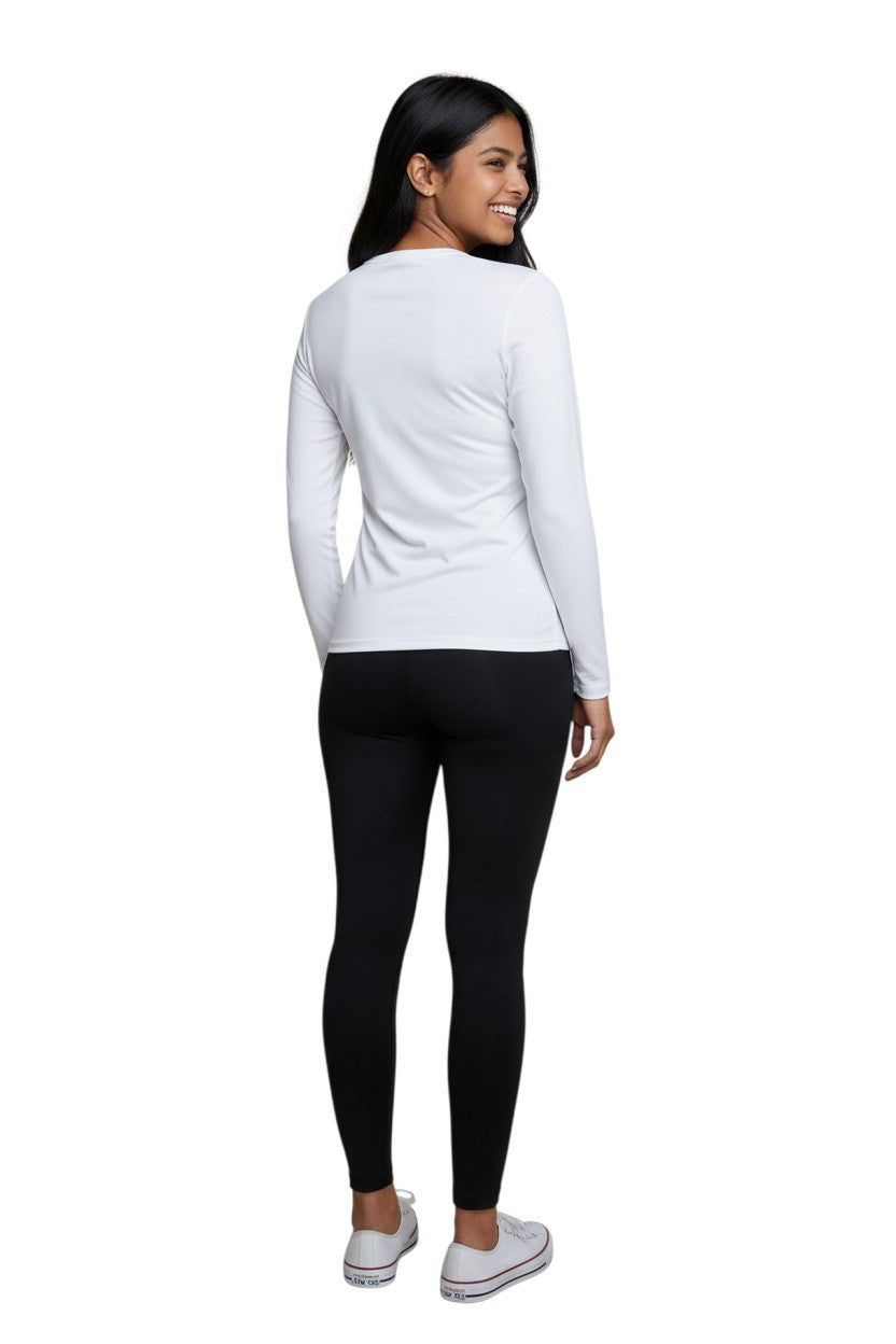 The Lifeguard Store white long sleeve crew neck rashguard made of polyester and spandex with UPF50+ UV protection.