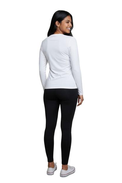 The Lifeguard Store white long sleeve crew neck rashguard made of polyester and spandex with UPF50+ UV protection.